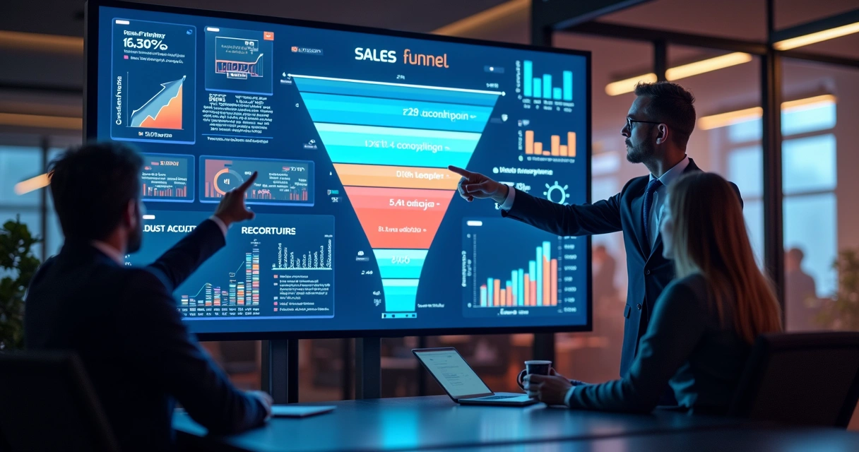 Equipe analisando funil de vendas usando dashboard de inteligência comercial 