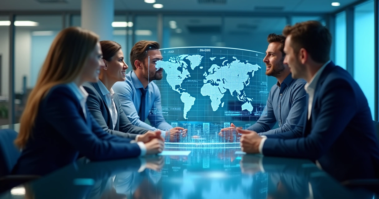 Equipe de vendas analisando gráficos digitais em reunião. 