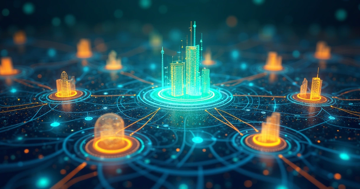 Representação de dados conectando empresas em rede, telhado colorido, foco em tecnologia empresarial 