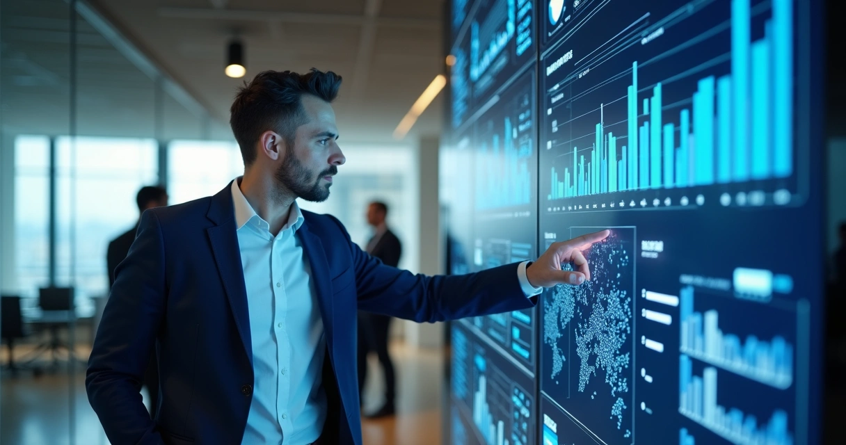 Consultor analisando painel de dados em escritório 