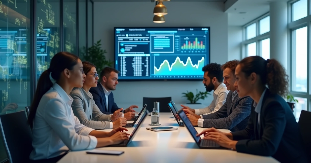 Analistas de dados em reunião avaliando leads B2B com gráficos e telefones em tablets 