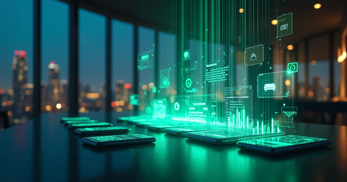 Sales operations room with WhatsApp chats transforming into analytical data charts 