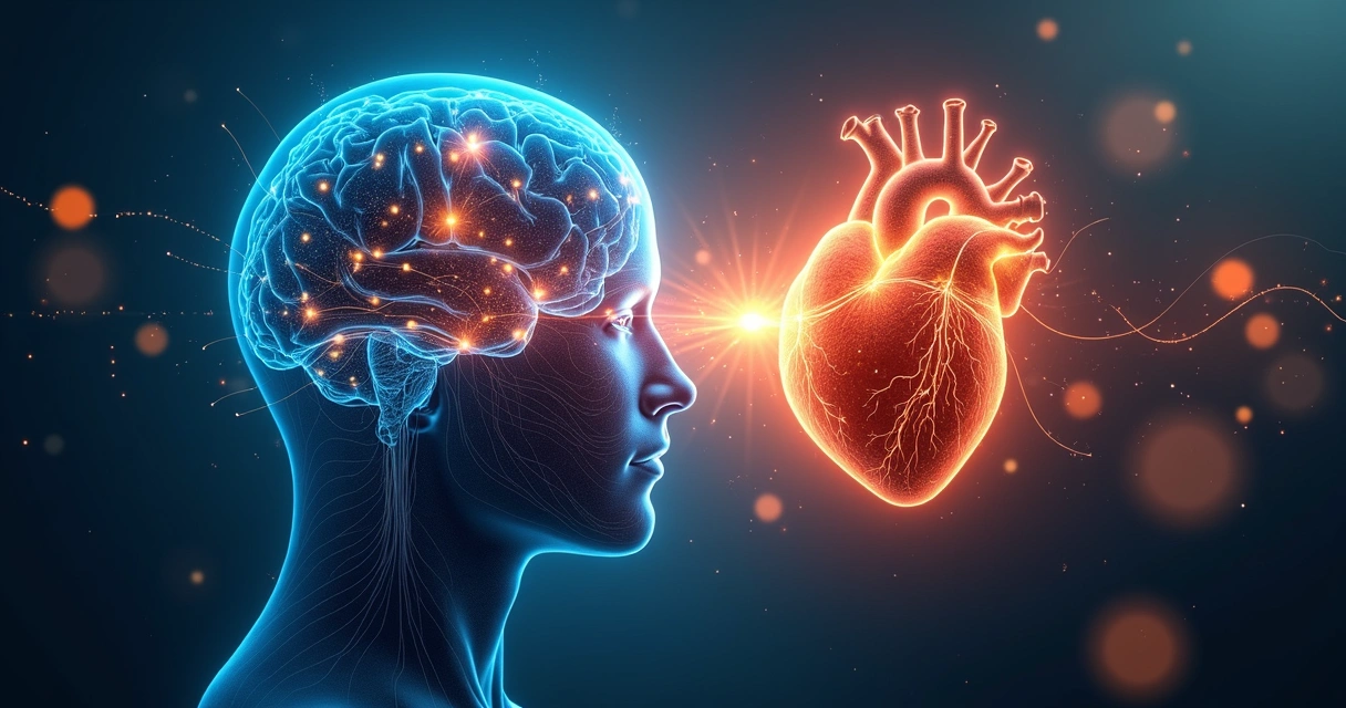 Cerebro y corazón iluminados conectados por un puente de luz 