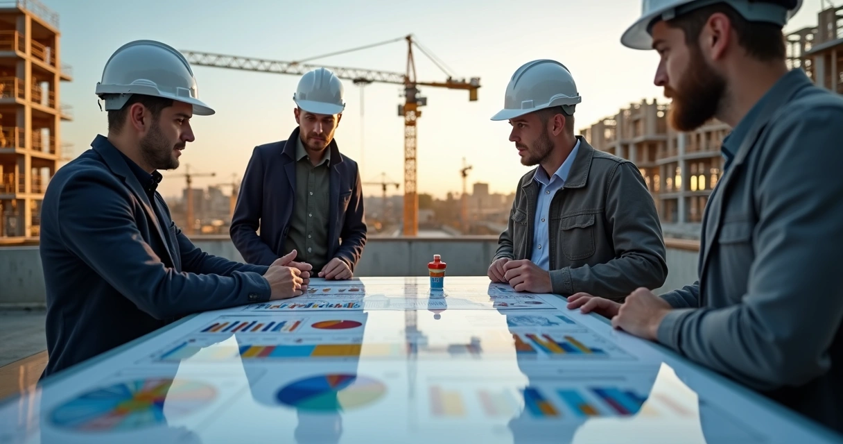 Equipe de profissionais de construção civil debatendo dados digitais em uma tela em um canteiro de obras 