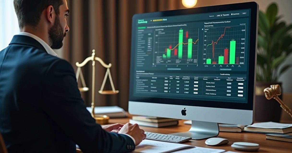Advogado analisa contrato em computador com gráficos digitais ao fundo