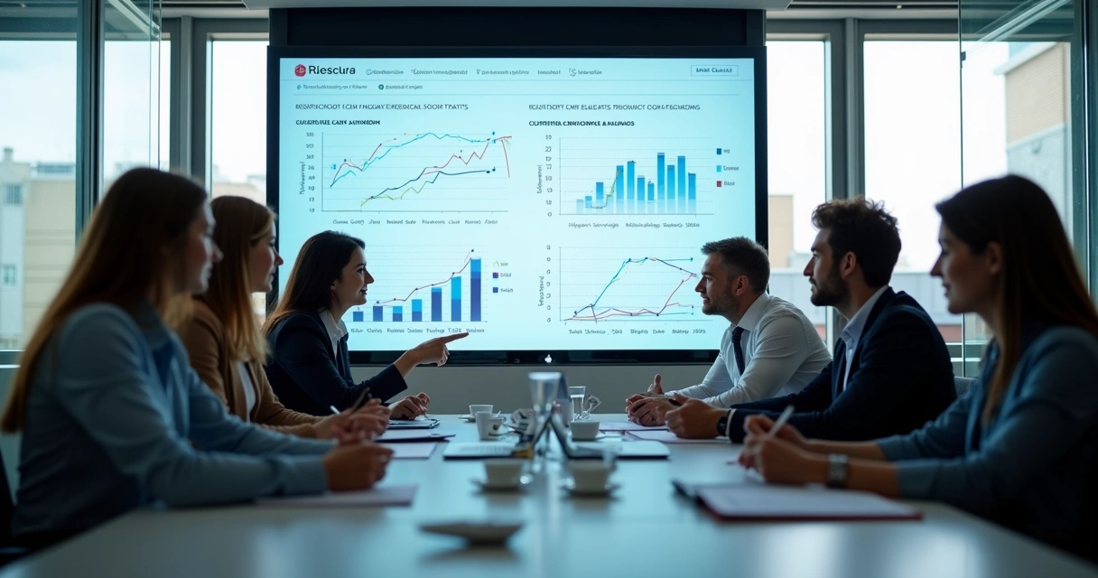 Equipe de vendas analisando transcrições de chamadas em painel digital 