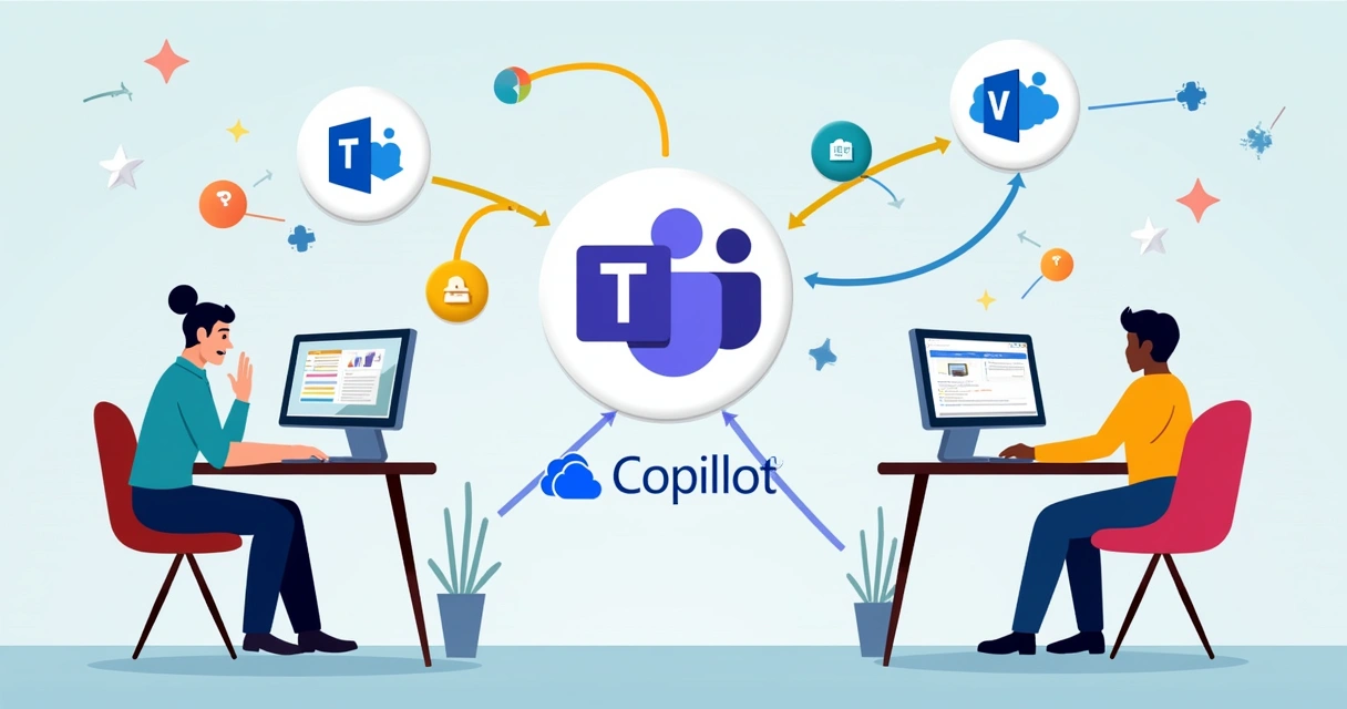 Equipe usando Copilot integrando Teams, SharePoint e OneDrive 