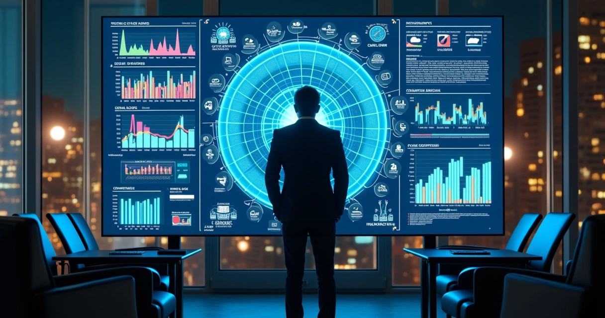 Gestor analisando dados estratégicos em tela digital interativa 
