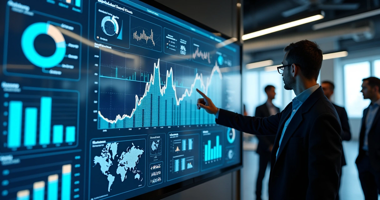 Painel analítico digital exibindo dashboards de dados de decisores e segmentações detalhadas 