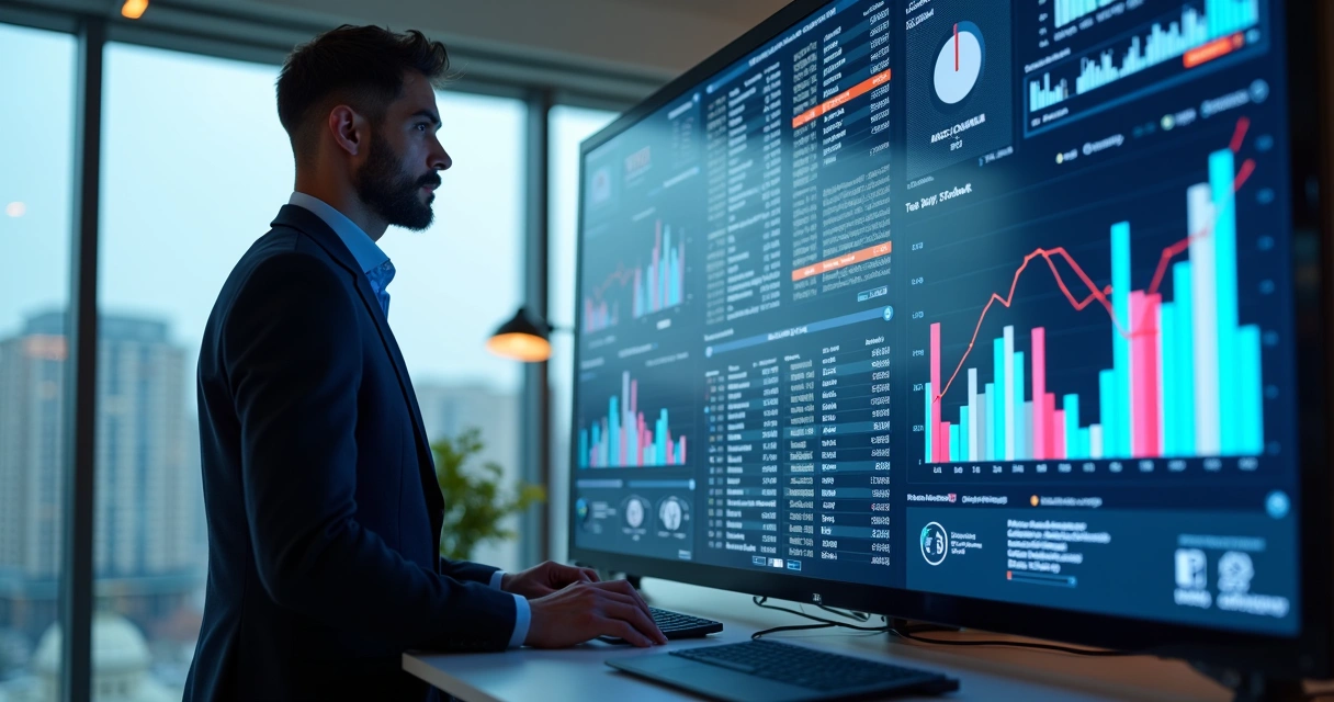 Analista de dados observando tela cheia de gráficos e informações de leads 