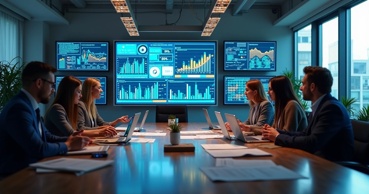 Equipe de vendas analisando dados e gráficos coloridos em telas grandes em uma sala moderna 