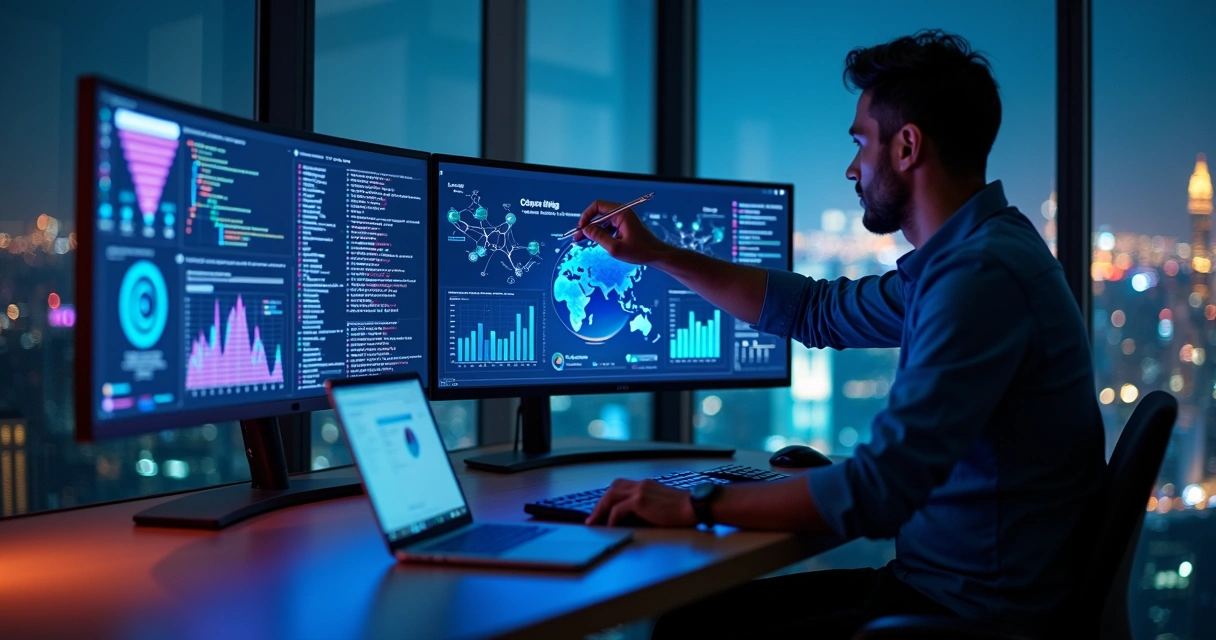 Painel de marketing digital com dados e gráficos sendo analisados por profissional em escritório moderno 
