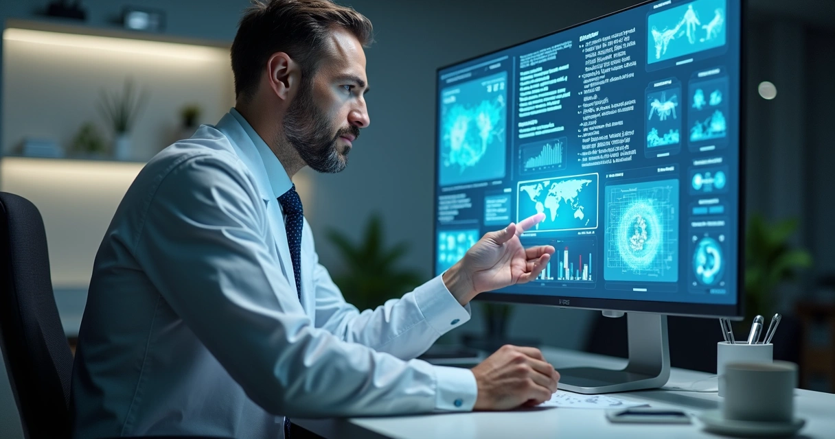 Perito analisa documentos médicos na tela do computador com gráficos ao redor