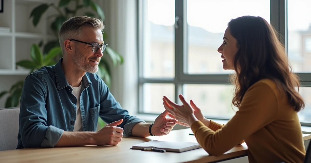 Duas pessoas conversando com expressão empática em um ambiente de trabalho 