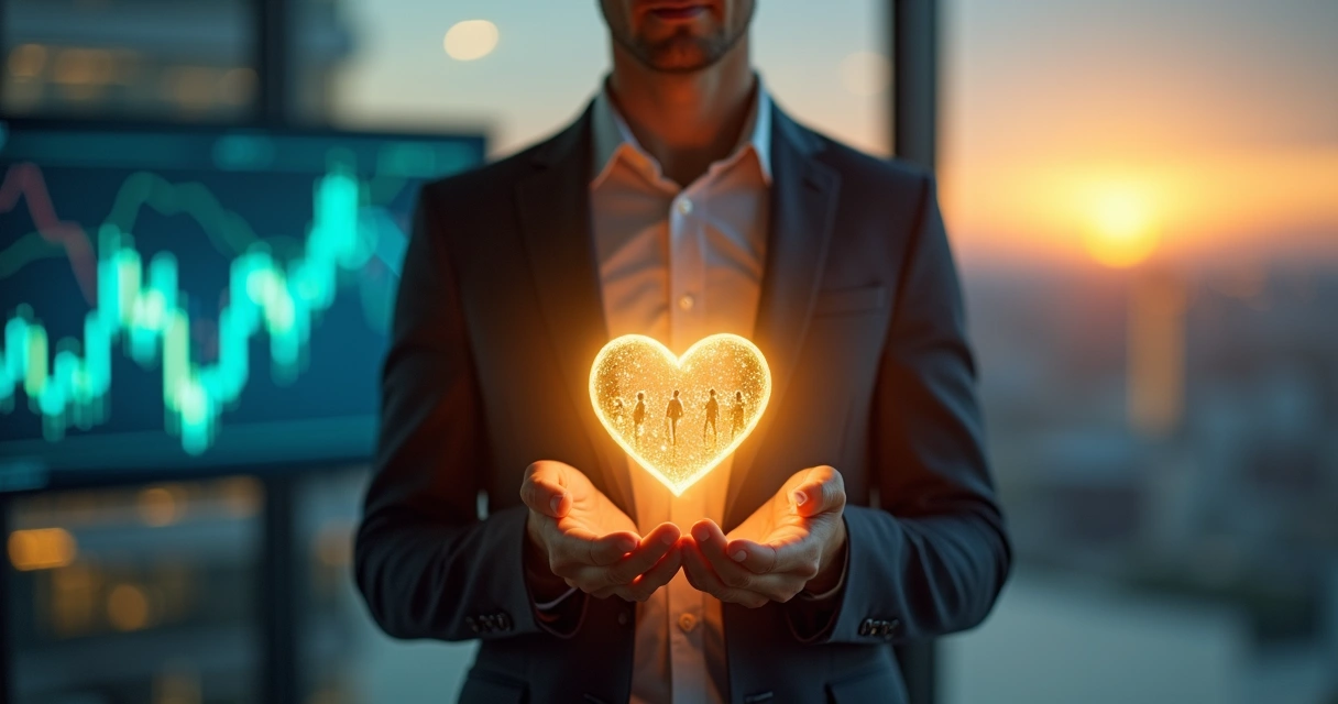 Executivo segurando um coração luminoso diante de gráficos financeiros 