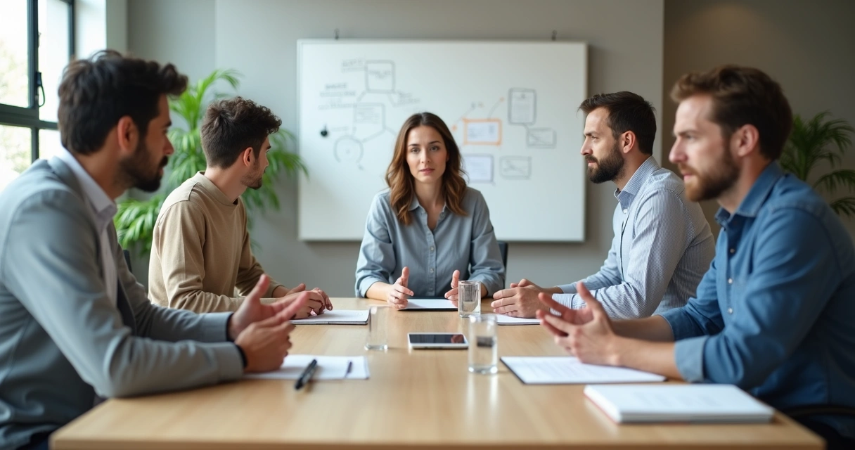 Duas pessoas em conflito mediadas por terceira pessoa calma em ambiente de escritório 