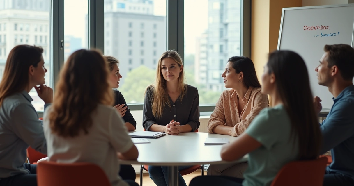Grupo diverso em círculo praticando diálogo consciente em meio a um conflito coletivo 