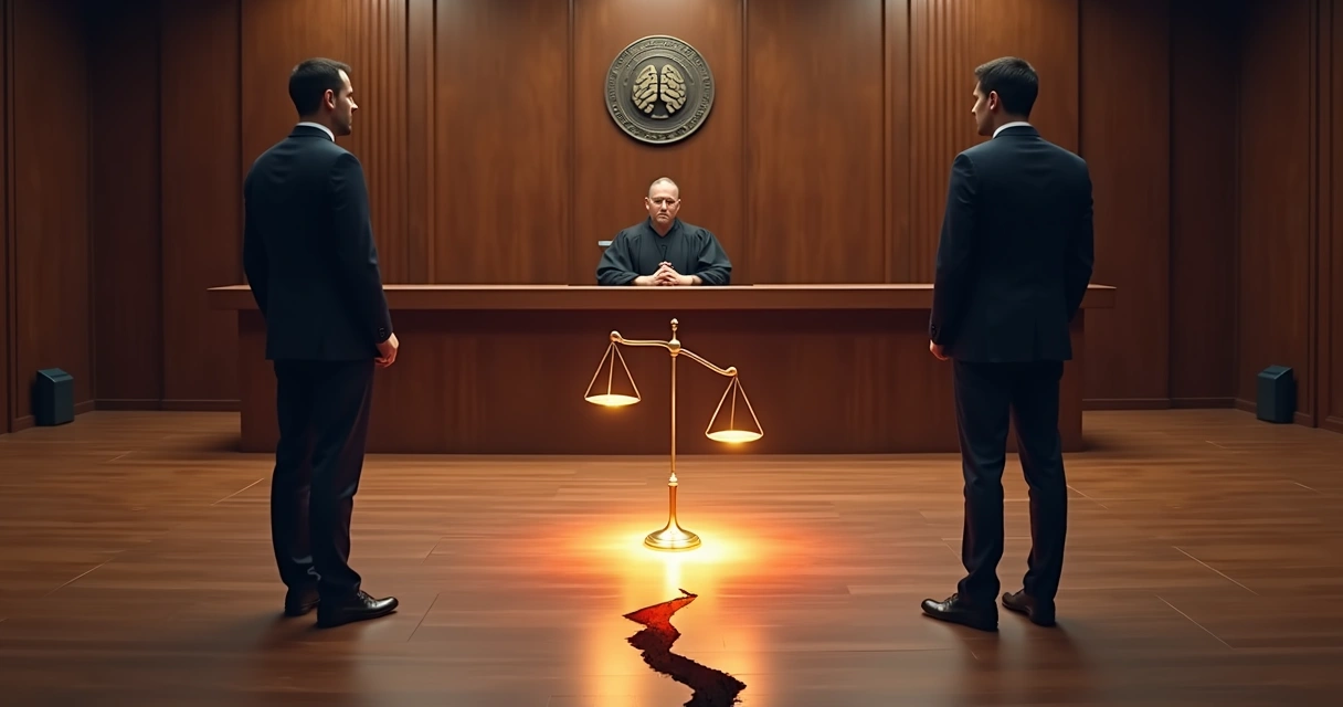 Juiz observando duas partes separadas por rachadura em formato de raio equilibrada por balança desenhada em luz 