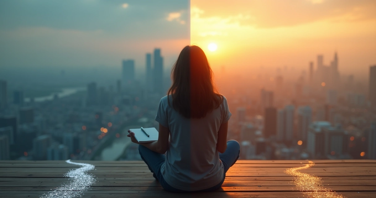 Pessoa refletindo diante de caminhos opostos representando escolhas emocionais 