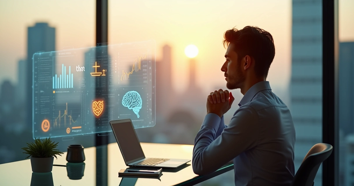 Persona reflexionando frente a una ciudad con gráficos de economía y símbolos de empatía 