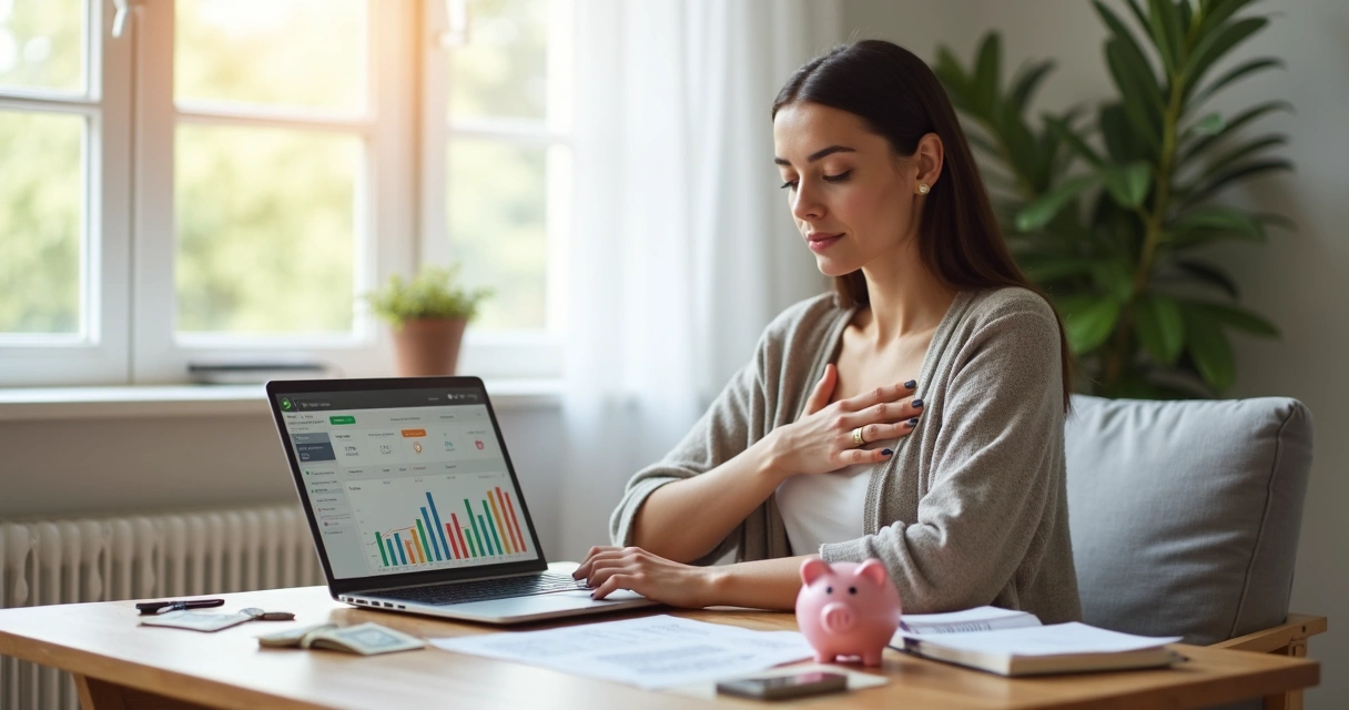 Mulher analisando finanças pessoais com gráficos e cofre em ambiente calmo 