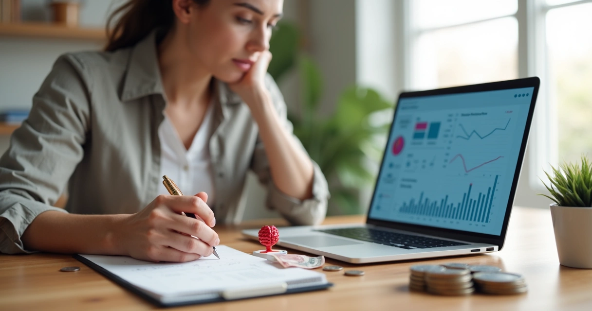 Pessoa analisando finanças com cérebro e coração equilibrados sobre a mesa 
