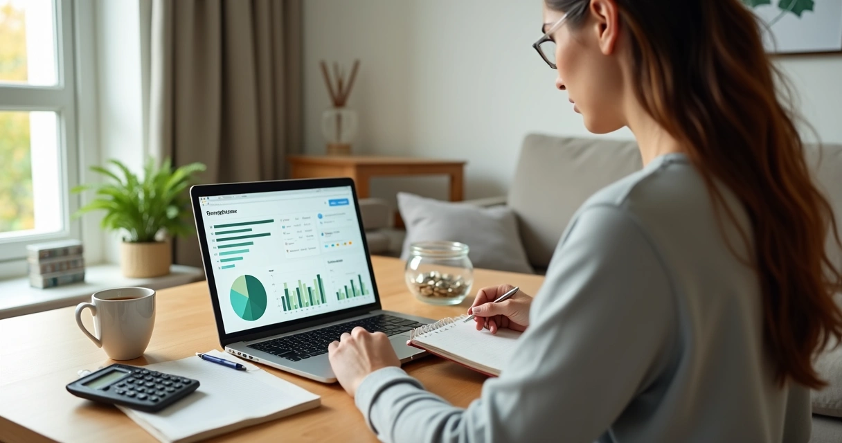 Pessoa analisando finanças pessoais com calma ao lado de elementos de bem-estar emocional 