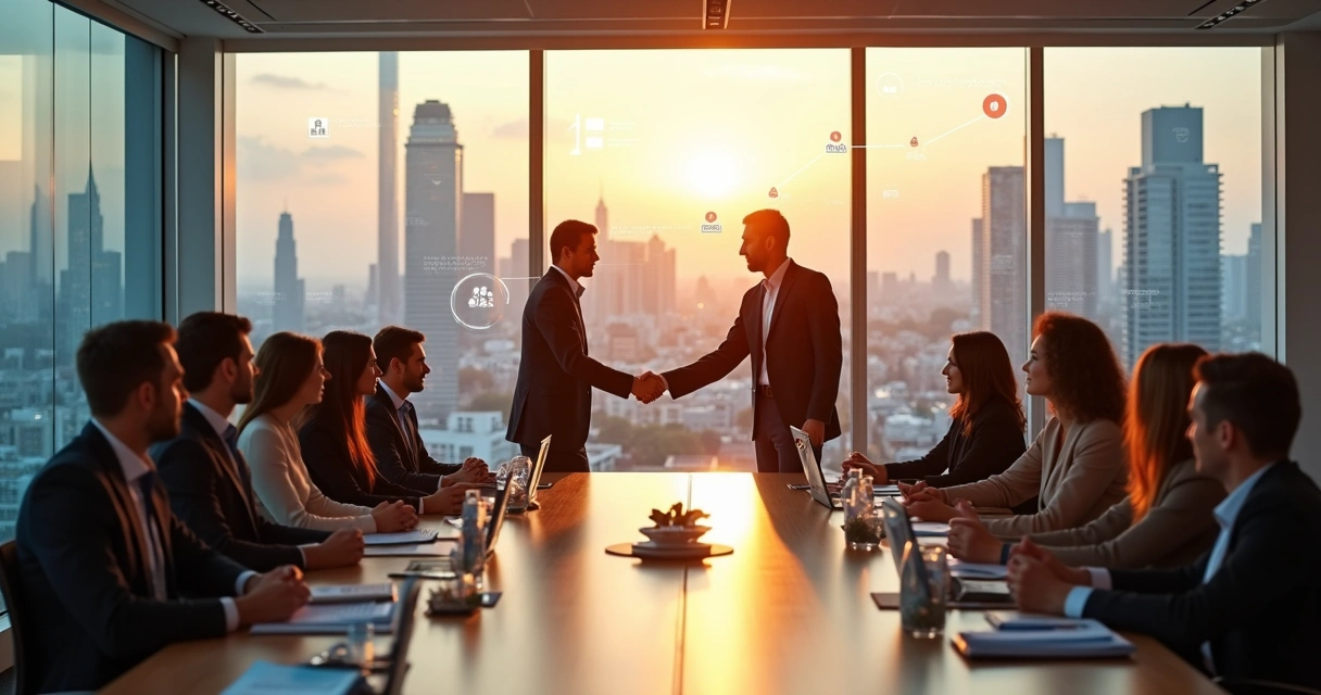 Executivos de duas empresas apertando as mãos em reunião de fusão com equipe ao fundo 