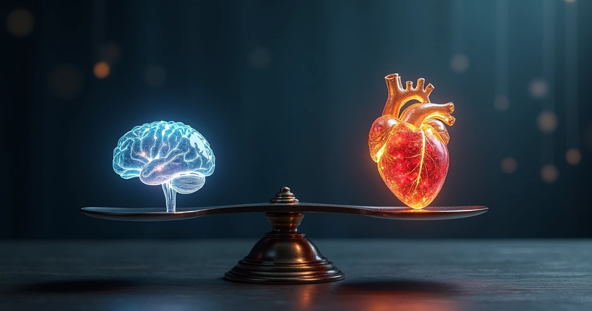 Cérebro e coração equilibrados em balança simbolizando inteligência emocional e maturidade consciente 
