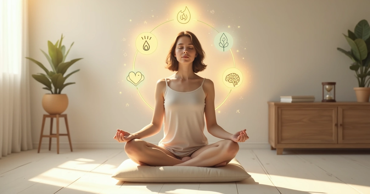 Pessoa meditando com ilustrações de emoções equilibradas ao redor 