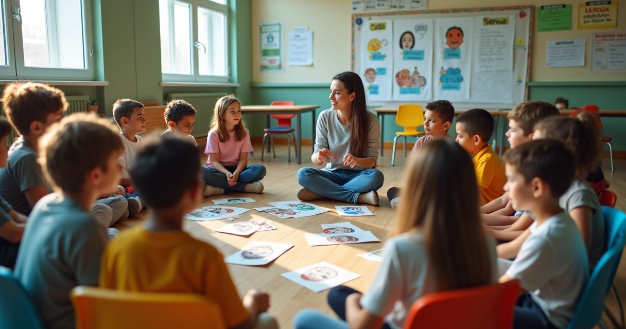Professora conduz roda de conversa sobre emoções com alunos em sala de aula 