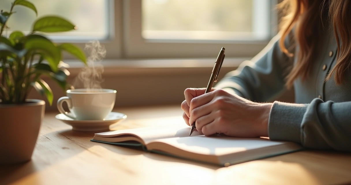 Pessoa escrevendo em diário, com luz suave, representando prática diária de autoconhecimento