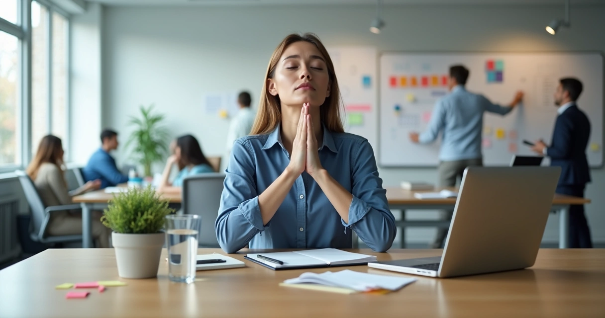 Profissional em escritório respirando fundo e se organizando com serenidade diante do computador 