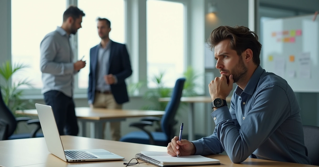Profissional em escritório refletindo sobre reação emocional durante conversa com colega 