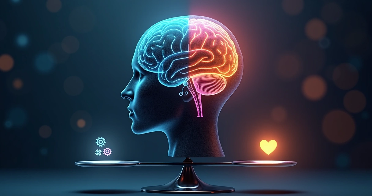 Cerebro dividido entre inteligencia emocional y racional equilibrado en una balanza 