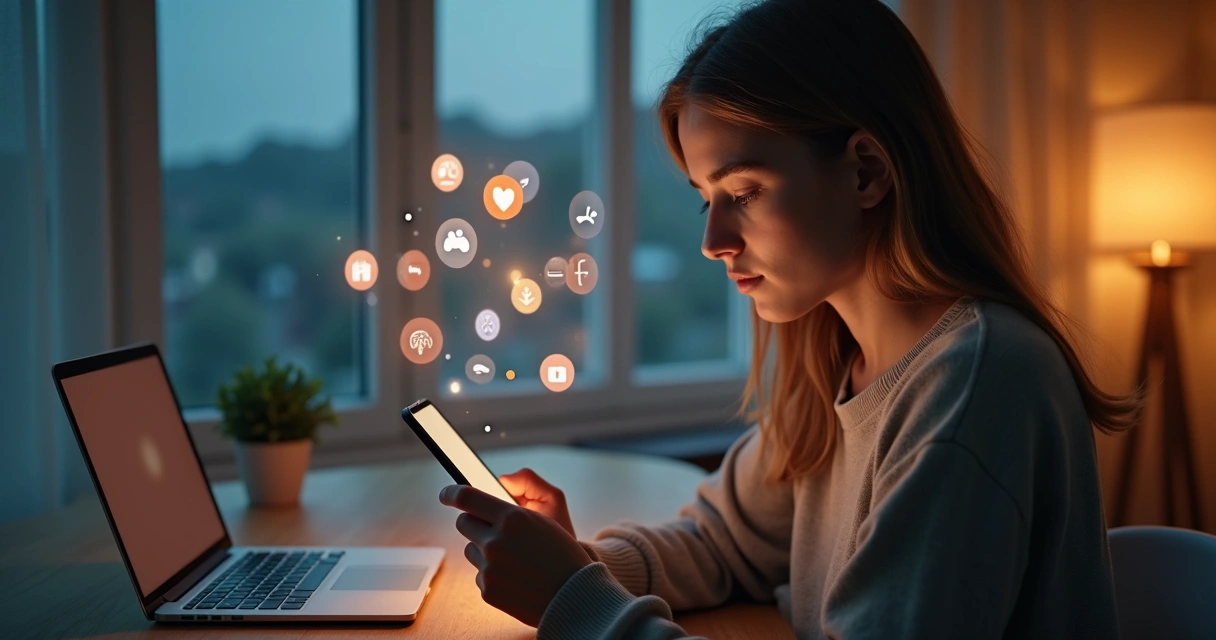 Pessoa usando smartphone com redes sociais enquanto observa seus próprios pensamentos e emoções representados ao redor 