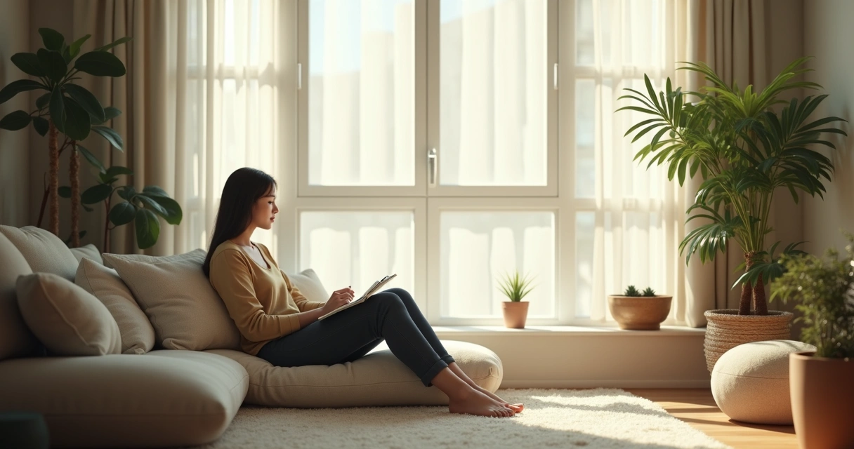 Pessoa refletindo sozinha em um ambiente tranquilo, com luz suave 