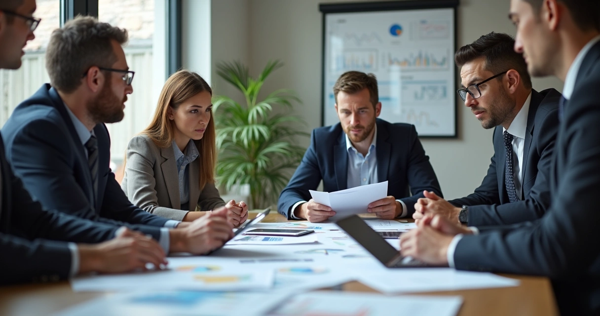 Equipe reunida analisando dados com expressão pensativa e conectada