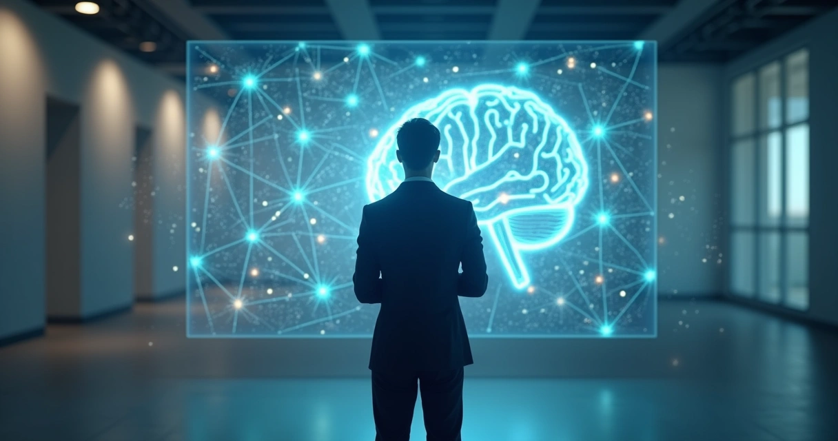 Pessoa em pé diante de rede luminosa conectando mente e coração 