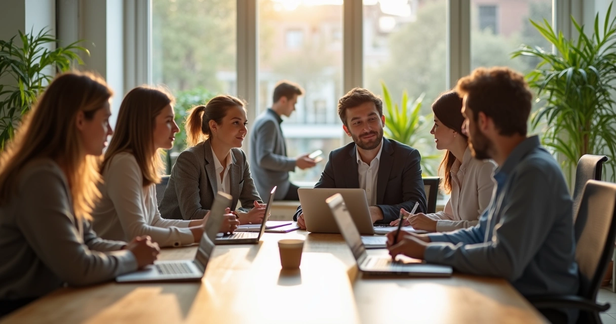Equipo diverso en oficina aplicando inteligencia emocional en una reunión 