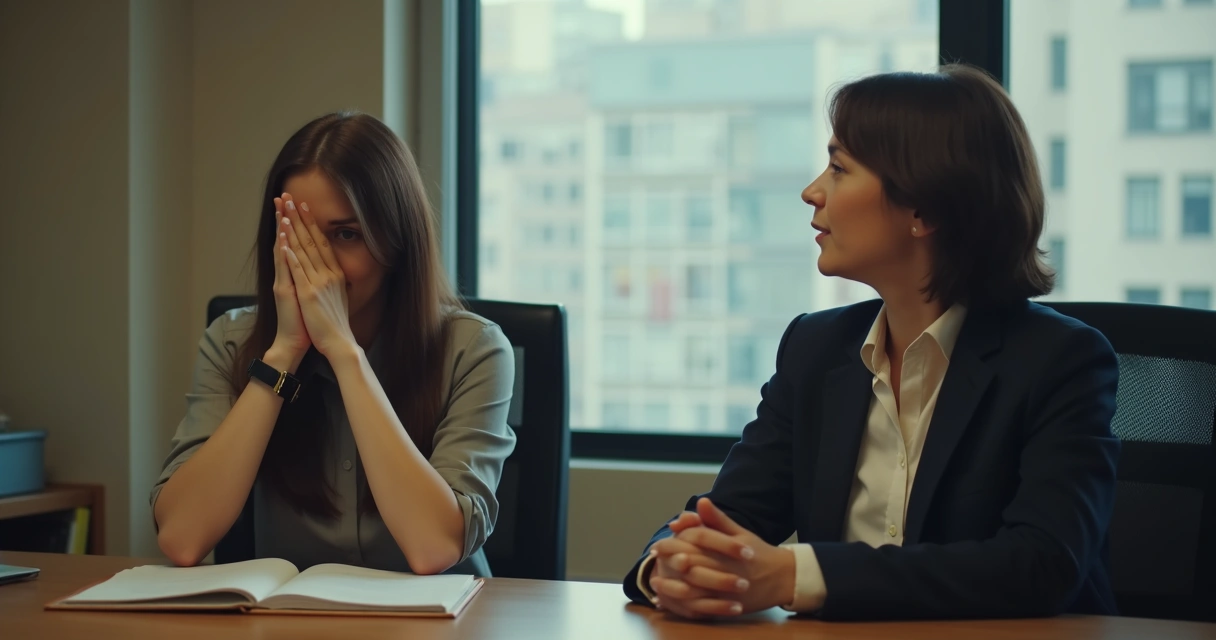 Duas pessoas em ambiente de trabalho, uma aparentando calma artificial e outra expressando emoções de modo equilibrado 