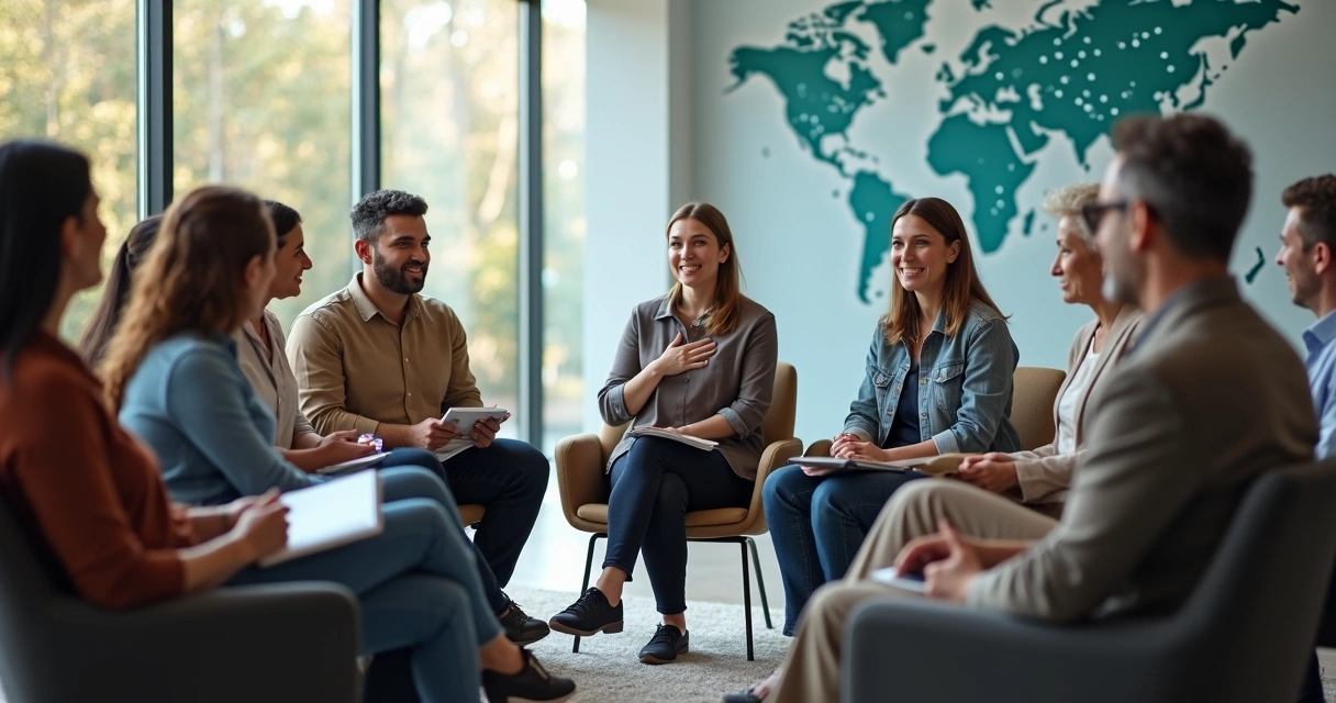 Grupo diverso em círculo praticando conexão emocional em ambiente moderno 