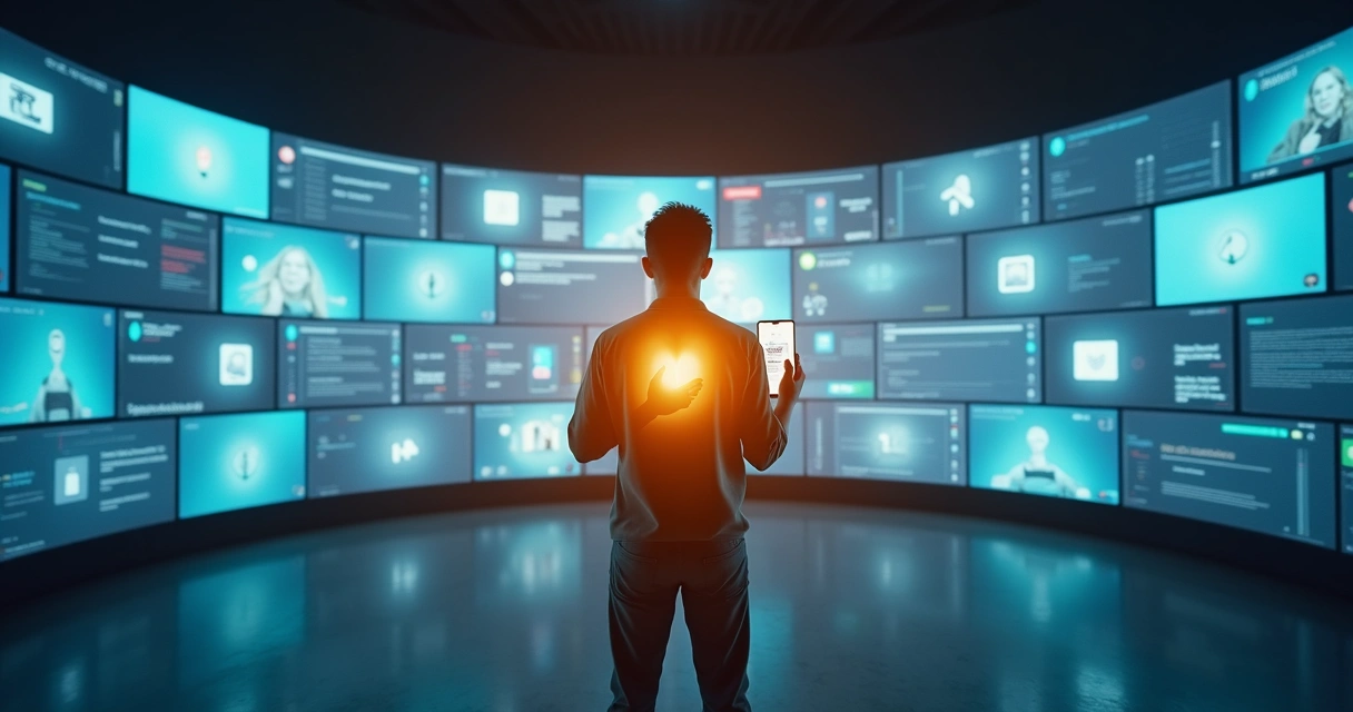 Pessoa em frente a parede de telas digitais segurando o peito iluminado 