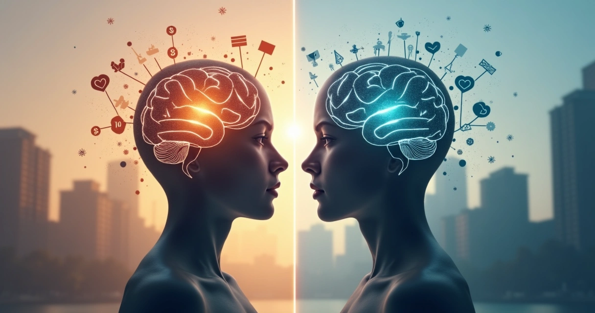 Cerebro dividido entre emociones y autoconciencia con figura humana en el centro 