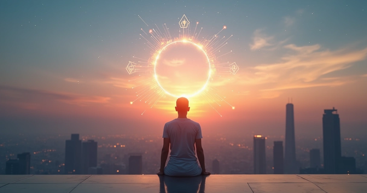 Pessoa contemplando cidade futurista com conexão entre mente e luz espiritual 