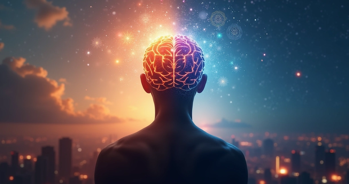 Cérebro e campo de luz representando inteligência emocional e espiritual 