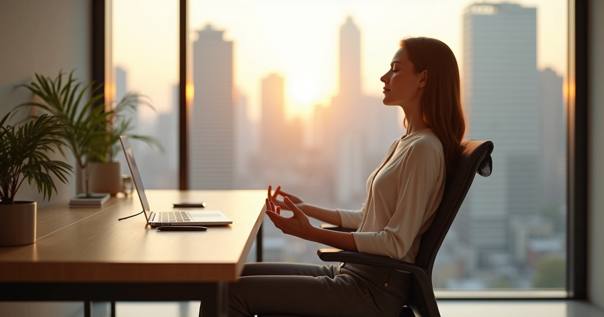 Persona meditanto frente a ventana grande con ciudad al fondo 