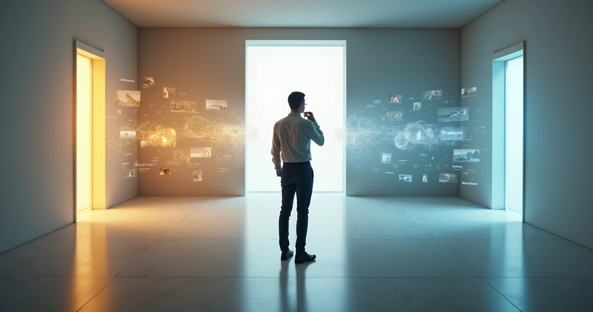 Pessoa diante de duas escolhas analisando lembranças projetadas à sua volta 