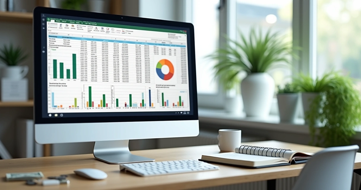 Planilha digital de gestão financeira com gráficos coloridos e números em tela de computador 