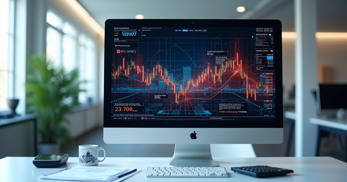 Tela de computador com gráficos fiscais coloridos e símbolos de inteligência artificial 